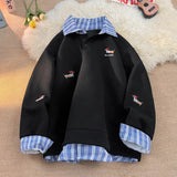 FOESCE Plaid Patchwork Fake Two Sweatshirt College Style Puppy Embroidery POLO Collar Sweatshirt Men Women Loose Pullover Tops