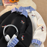 FOESCE Plaid Patchwork Fake Two Sweatshirt College Style Puppy Embroidery POLO Collar Sweatshirt Men Women Loose Pullover Tops