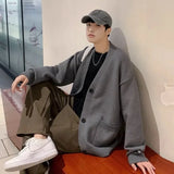 FOESCE Plain Man Clothes Solid Color Knitted Sweaters for Men Cardigan with Pockets V Neck Knitwears Loose Fit Baggy New in Ugly X S A