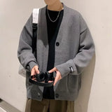 FOESCE Plain Man Clothes Solid Color Knitted Sweaters for Men Cardigan with Pockets V Neck Knitwears Loose Fit Baggy New in Ugly X S A