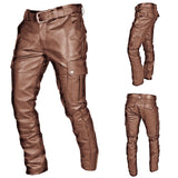 FOESCE Plus Size 5XL Retro Men PU Leather Pants Street Wear Autumn Punk Style Multi Pocket Casual Pants Fashion Waterproof LeatherPants