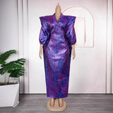 FOESCE Plus Size African Women Long Dress Jacquard Loose Fit Gown Full Set Kerchief Elegant Purple Costume Dinner Party Halloween