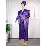 FOESCE Plus Size African Women Long Dress Jacquard Loose Fit Gown Full Set Kerchief Elegant Purple Costume Dinner Party Halloween