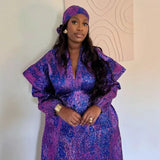 FOESCE Plus Size African Women Long Dress Jacquard Loose Fit Gown Full Set Kerchief Elegant Purple Costume Dinner Party Halloween