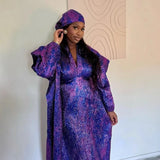 FOESCE Plus Size African Women Long Dress Jacquard Loose Fit Gown Full Set Kerchief Elegant Purple Costume Dinner Party Halloween