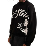 FOESCE Punk men's casual fashion street knitted sweater retro 2000s letter cartoon character hip-hop knitted pattern pullover Y2K style