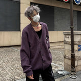 FOESCE Purple Harajuku V-neck Mens Cardigan Japanese Casual Fashion Loose Sweater 2025 Autumn Y2k Street Knitted Coats with Badge