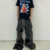 FOESCE RO Style Glossy Black Pu Leather Pants for Men High Street Y2k Pantalones Hombre Baggy Overall Wide Leg Drawstring Cargos