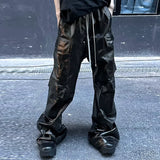 FOESCE RO Style Matte PU Leather Pants for Men High Street Y2k Pantalones Hombre Baggy Overall Wide Leg Drawstring Cargo Pants