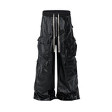 FOESCE RO Style Matte PU Leather Pants for Men High Street Y2k Pantalones Hombre Baggy Overall Wide Leg Drawstring Cargo Pants