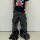 FOESCE RO Style Matte PU Leather Pants for Men High Street Y2k Pantalones Hombre Baggy Overall Wide Leg Drawstring Cargo Pants