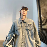 FOESCE Retro Badge Denim Jacket Men's New Handsome Top Trendy Brand Loose Lapel