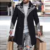 FOESCE Retro Houndstooth Print Splicing Woolen Coat Men Casual Turn-down Collar Button Jacket Autumn Winter Pocket Long Windbreaker Man