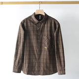 FOESCE Retro Men's Plaid Simple Long Sleeved Plaid Shirt Pocket Casual Loose Outer Shirt Men