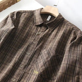 FOESCE Retro Men's Plaid Simple Long Sleeved Plaid Shirt Pocket Casual Loose Outer Shirt Men