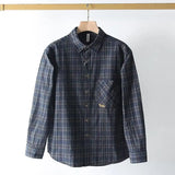 FOESCE Retro Men's Plaid Simple Long Sleeved Plaid Shirt Pocket Casual Loose Outer Shirt Men