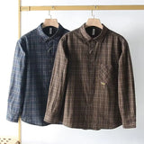 FOESCE Retro Men's Plaid Simple Long Sleeved Plaid Shirt Pocket Casual Loose Outer Shirt Men
