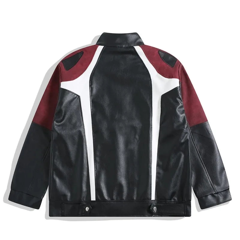 FOESCE Retro Motorcycle Leather Jacket  American Patchwork High Street Lapel Zipper Coats Vintage Hip Hop Coat Trendy Male Clothes Tops