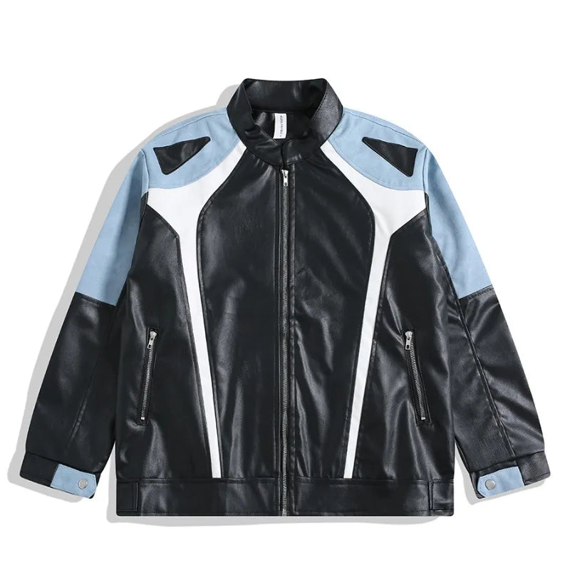 FOESCE Retro Motorcycle Leather Jacket  American Patchwork High Street Lapel Zipper Coats Vintage Hip Hop Coat Trendy Male Clothes Tops