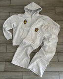 FOESCE Retro Striped Embroidered Zip Hoody Sweatpants Set Mens Two Piece Set Hip Hop Embroidered Oversized SweatshirtCasual Pants Set