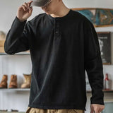 FOESCE Retro T-shirt Men's Loose Open Neck Long Sleeved Base Shirt Top Trendy