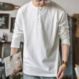 FOESCE Retro T-shirt Men's Loose Open Neck Long Sleeved Base Shirt Top Trendy