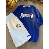 Oversized Loose Jogging Waffle Casual Suit Men Loose Korean Short-sleeve tshirt + Sports Shorts Summer Men Letter Print 2pcs Set