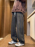 FOESCE 2025 New Men's Striped Woolen Straight Leg Trousers Classic Y2K Vintage Baggy Pants Casual High Street Fashion Gym Sweatpants
