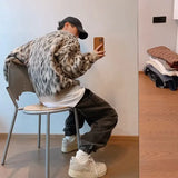 Wintertrendy Vintage Lazy Color Block Leopard Slip Pullover Warm Round Neck Knit Sweater For Men Casual Outer Wear
