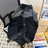 FOESCE Korean Contrasting Color Splicing Cardigan Lapel Sweater Men and Women Trendy Niche Loose Warm Sweater