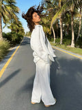 FOESCE Women Casual Brown Cotton Linen Shirt Pants Suit Fashion Single Breasted Blouses Elastic Waist Pant Set 2025 Spring Loose Outfit