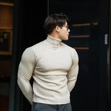 FOESCE New Men's Turtleneck Sweaters Autumn Knitted Striped Streetwear Warm Long Sleeved Pullover Solid Color Basic Style Casual Tops