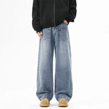 FOESCE Autumn Jeans Men'S Retro Loose Curved Pants Fashion Mid Waist Pants Black Jeans Casual Straight Leg Pants Wide Leg FleecePants