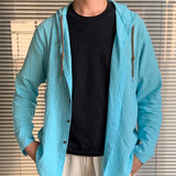 FOESCE Summer Men's Linen Shirt Solid Streetwear Long Sleeve Hoodie Cardigan Clothing For Men Button Tops Casual Loose Men Hooded Shirt