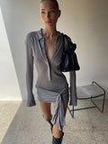 FOESCE JULISSA MO Turn-down Collar Bandage Ruched Women Dress Long Sleeve Single Breasted Dress Autumn New Elegant Vacation Party Dress