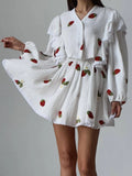 FOESCE Home Suit Women Pajamas Cotton Linen Top Skirt Set Summer Strawberry Pattern Ruffle Long Sleeve Button Blouse Mini Skirt Outfits