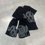 FOESCE American Men's Suit Oversize Men's Cotton T-shirt + Shorts Fashion Printing Casual Sports Round Neck Short-sleeved Suit