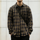 FOESCE 2025 autumn frosted shirt men's plaid loose long sleeved casual work clothes thick shirt trend camisa masculina slim fit blouse