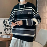 FOESCE Literature and Art Men's Loose Stripe Round Neck Knitwear Men's Autumn Oversize Lazy Sweater men coat winter clothes sweter