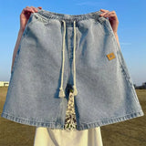 FOESCE Men Basic Loose Outdoor Sports Casual Shorts Male Daily Knee Lenght Denim Short Pants Straight Wide Leg Wash Summer Short Jeans