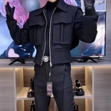 FOESCE Mens Big Pocket Biker Short Jacket 2025 New Genderless Autumn Winter Fashion Workwear Functional Style Solid Color Jacket Unisex