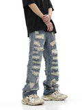 FOESCE 2025 American style high street washed personalized torn hole cut straight tube loose fitting jeans, versatile for men and women