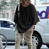 FOESCE Long Sleeve O-neck T-shirt Men's Casual Loose Top Thin Solid Color Men's Knitted Street Style Pullover T-shirt Men's Clothing