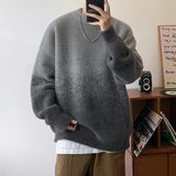FOESCE New Popular Plush Gradient Sweater Autumn Winter High Street Casual Round Neck Knitted Sweater Men's Soft Lazy Pullover 4 Colors