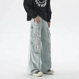 FOESCE Fashion Blue Muti-pockets Cargo Jeans Men's Patchwork Straight Casual Mopping Trousers Men Hip Hop Streetwear Loose Pants