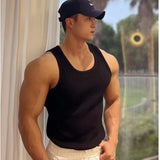 FOESCE Men's Fitness Vest Cotton Breathable Vertical Striped Sleeveless Tops Solid Color Sports Casual Tank Gym Muscular Men Clothes