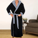 FOESCE Men Nightgown Hooded Long Sleeve Color-Blocked Thickened Plush Robe Lace-up Belt Long Style Thermal Insulation Loungewear