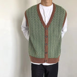 Trendy Men's Loose-Fit Single-Breasted V-Neck Cardigan Sweater Autumn Knitted Top Streetwear Sleeveless Pullover