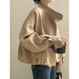 FOESCE FSMG Women's Casual Jacket,Autumn Korean Style Stand Collar, Comfortable Loose Fit Solid Color, Short Jacket with Drawstring Hem