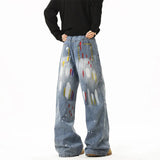 FOESCE Graffiti jeans unisex American Style Loose-fit Men's Jeans New Arrival High Street Casual Straight-leg Wide Leg Long Pants